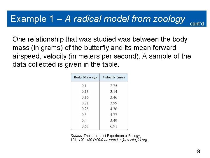 Example 1 – A radical model from zoology cont’d One relationship that was studied