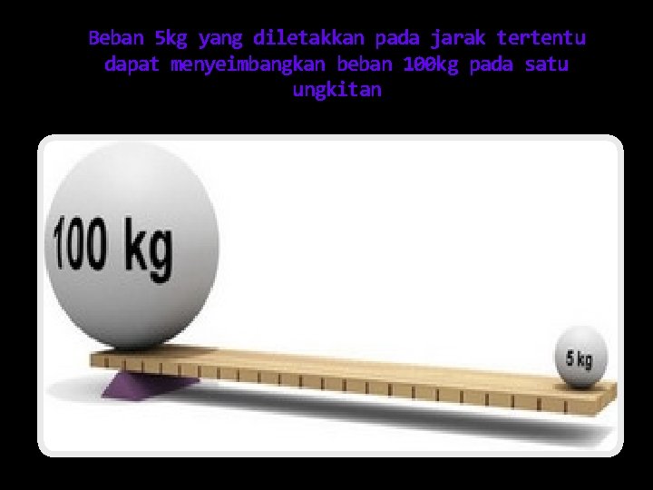 Beban 5 kg yang diletakkan pada jarak tertentu dapat menyeimbangkan beban 100 kg pada