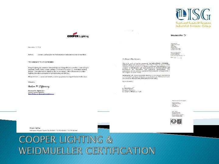 COOPER LIGHTING & WEIDMUELLER CERTIFICATION 