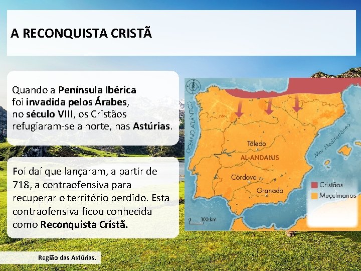 A RECONQUISTA CRISTÃ Quando a Península Ibérica foi invadida pelos Árabes, no século VIII,