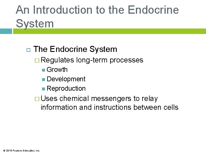 An Introduction to the Endocrine System The Endocrine System � Regulates long-term processes Growth