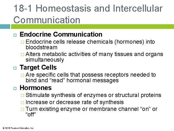 18 -1 Homeostasis and Intercellular Communication Endocrine Communication � Endocrine cells release chemicals (hormones)