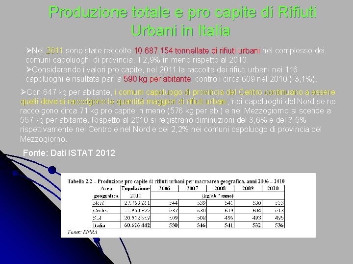  Produzione totale e pro capite di Rifiuti Urbani in Italia ØNel 2011 sono