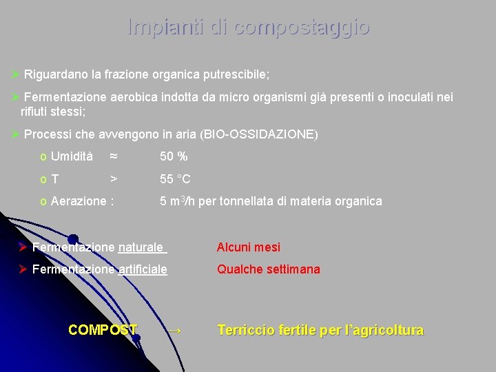 Impianti di compostaggio Ø Riguardano la frazione organica putrescibile; Ø Fermentazione aerobica indotta da