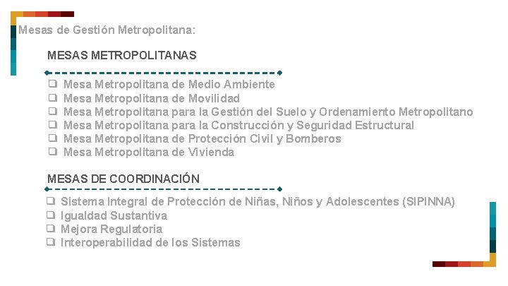 Mesas de Gestión Metropolitana: MESAS METROPOLITANAS ❑ ❑ ❑ Mesa Metropolitana de Medio Ambiente