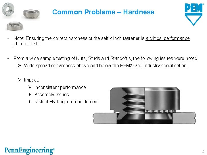 Common Problems – Hardness • Note: Ensuring the correct hardness of the self-clinch fastener