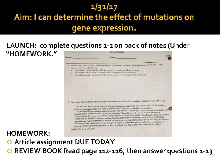 1/31/17 Aim: I can determine the effect of mutations on gene expression. LAUNCH: complete