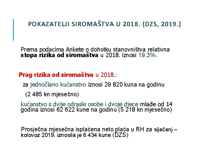 POKAZATELJI SIROMAŠTVA U 2018. (DZS, 2019. ) Prema podacima Ankete o dohotku stanovništva relativna