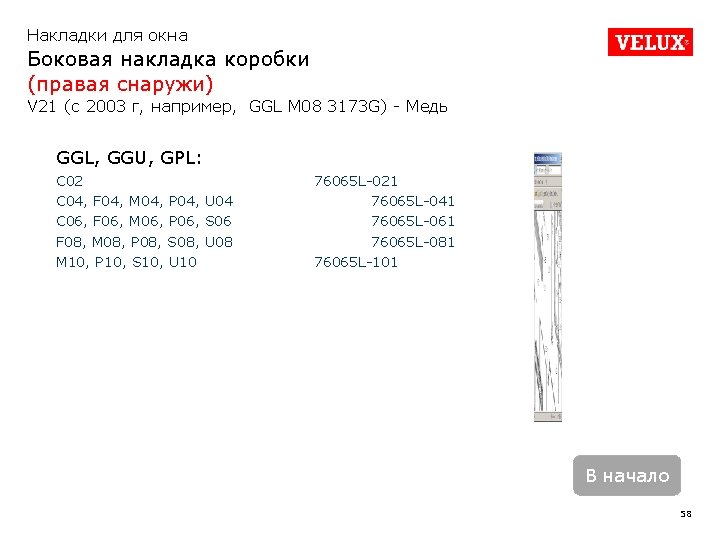 Накладки для окна Боковая накладка коробки (правая снаружи) V 21 (с 2003 г, например,