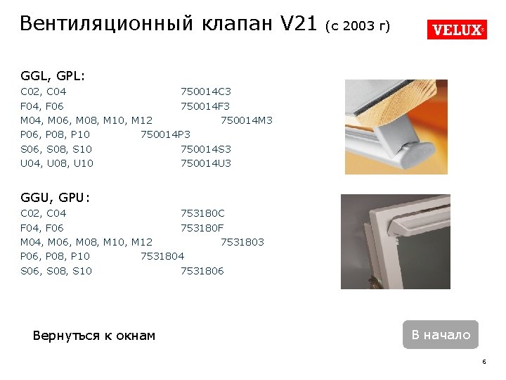 Вентиляционный клапан V 21 (с 2003 г) GGL, GPL: C 02, C 04 750014