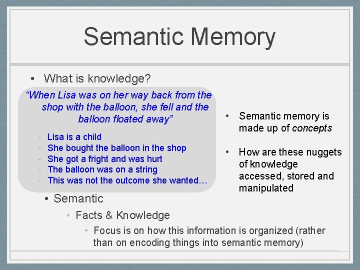 Semantic Memory • What is knowledge? “When Lisa was on her way back from