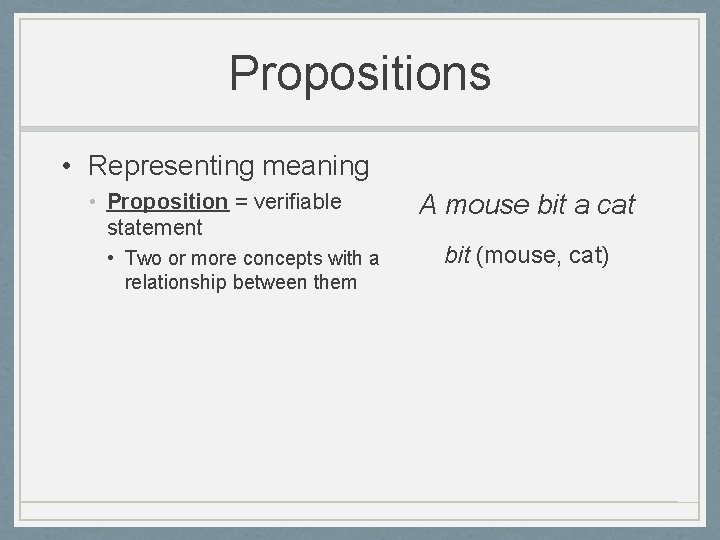 Propositions • Representing meaning • Proposition = verifiable statement • Two or more concepts