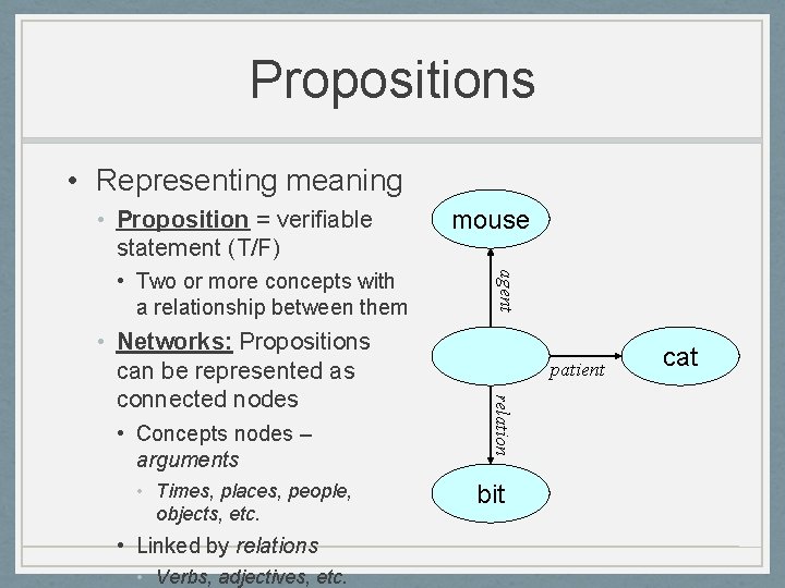 Propositions • Representing meaning • Proposition = verifiable statement (T/F) • Concepts nodes –