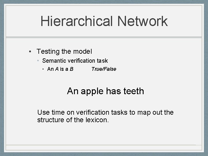 Hierarchical Network • Testing the model • Semantic verification task • An A is