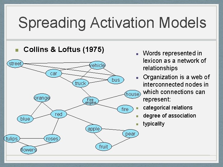 Spreading Activation Models Collins & Loftus (1975) n street n vehicle car truck house
