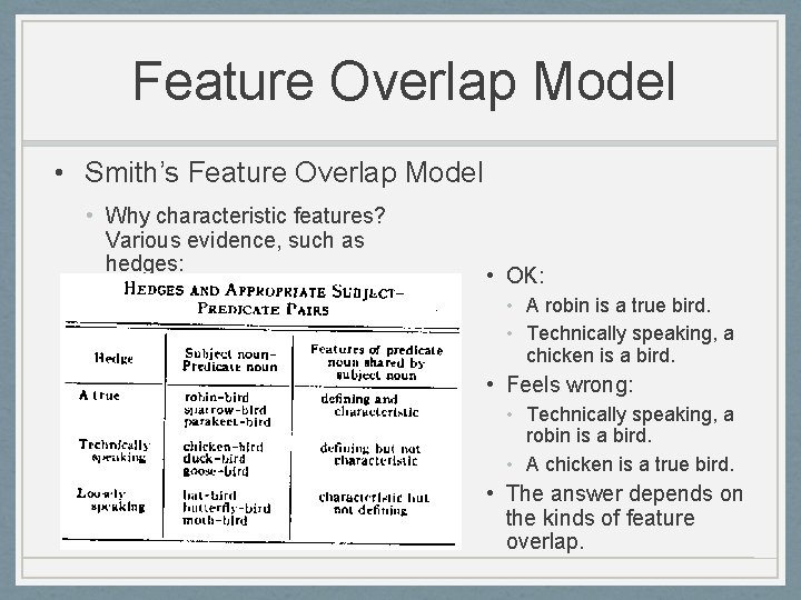 Feature Overlap Model • Smith’s Feature Overlap Model • Why characteristic features? Various evidence,