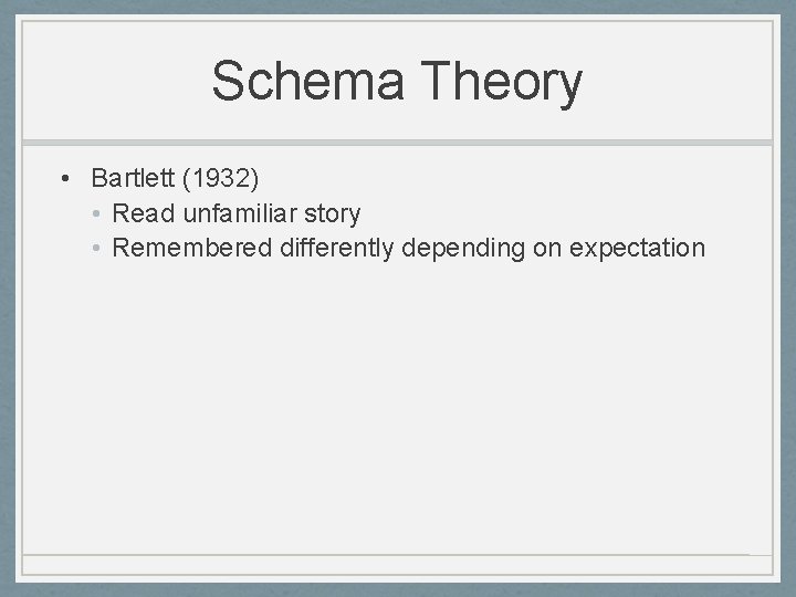 Schema Theory • Bartlett (1932) • Read unfamiliar story • Remembered differently depending on