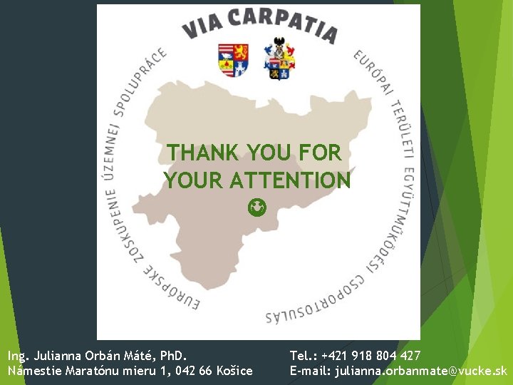 THANK YOU FOR YOUR ATTENTION Ing. Julianna Orbán Máté, Ph. D. Námestie Maratónu mieru
