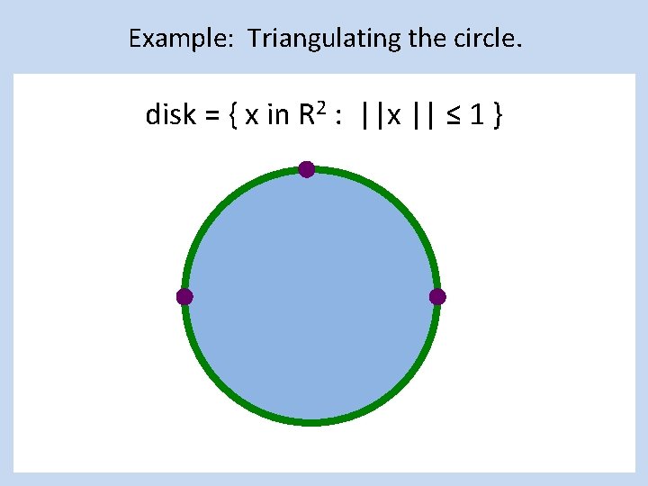 Example: Triangulating the circle. disk = { x in R 2 : ||x ||