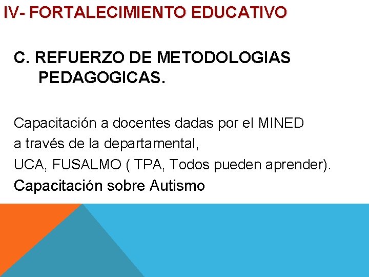 IV- FORTALECIMIENTO EDUCATIVO C. REFUERZO DE METODOLOGIAS PEDAGOGICAS. Capacitación a docentes dadas por el