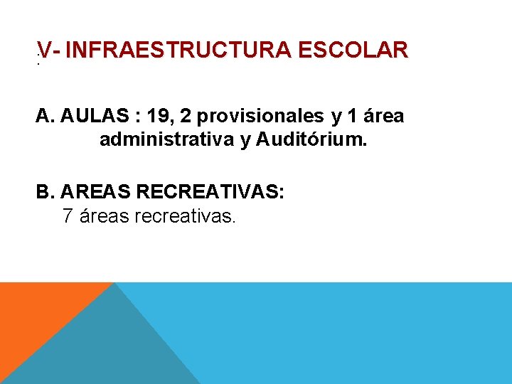 : V- INFRAESTRUCTURA ESCOLAR A. AULAS : 19, 2 provisionales y 1 área administrativa