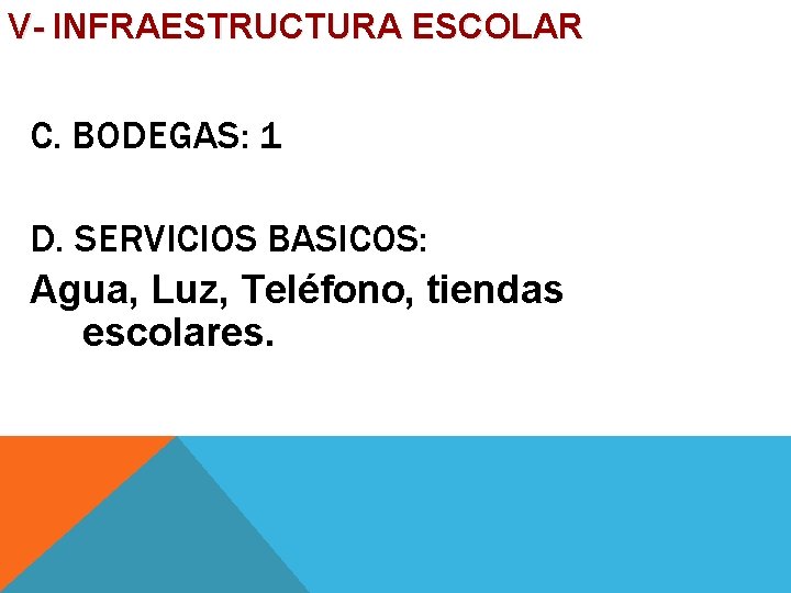 V- INFRAESTRUCTURA ESCOLAR C. BODEGAS: 1 D. SERVICIOS BASICOS: Agua, Luz, Teléfono, tiendas escolares.