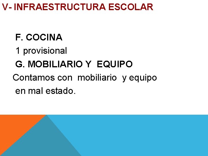 V- INFRAESTRUCTURA ESCOLAR F. COCINA 1 provisional G. MOBILIARIO Y EQUIPO Contamos con mobiliario