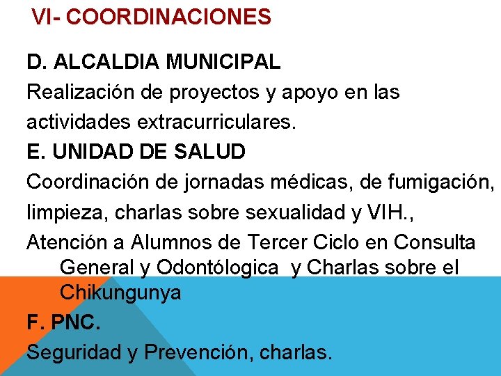 VI- COORDINACIONES D. ALCALDIA MUNICIPAL Realización de proyectos y apoyo en las actividades extracurriculares.
