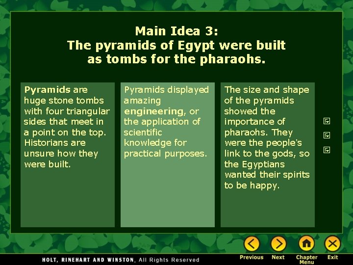Main Idea 3: The pyramids of Egypt were built as tombs for the pharaohs. Main Idea 3: The pyramids of Egypt were built as tombs for the pharaohs.