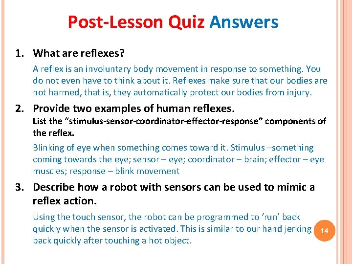 Post-Lesson Quiz Answers 1. What are reflexes? A reflex is an involuntary body movement Post-Lesson Quiz Answers 1. What are reflexes? A reflex is an involuntary body movement