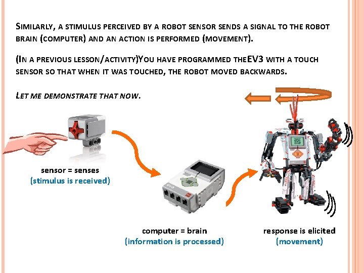 SIMILARLY, A STIMULUS PERCEIVED BY A ROBOT SENSOR SENDS A SIGNAL TO THE ROBOT SIMILARLY, A STIMULUS PERCEIVED BY A ROBOT SENSOR SENDS A SIGNAL TO THE ROBOT