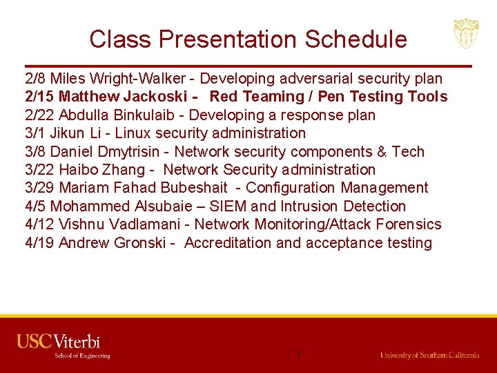 Class Presentation Schedule 2/8 Miles Wright-Walker - Developing adversarial security plan 2/15 Matthew Jackoski