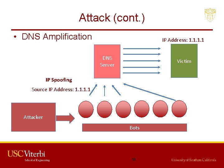 Attack (cont. ) • DNS Amplification IP Address: 1. 1 DNS Server Victim IP