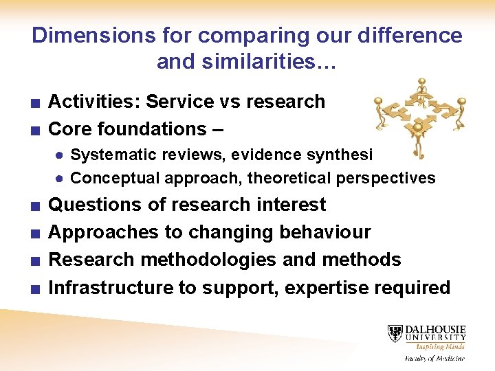 Dimensions for comparing our difference and similarities… ■ Activities: Service vs research ■ Core