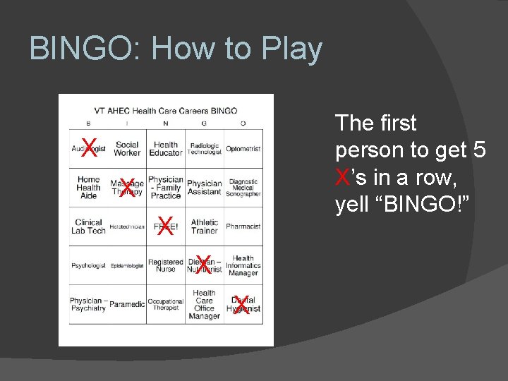 BINGO: How to Play The first person to get 5 X’s in a row,