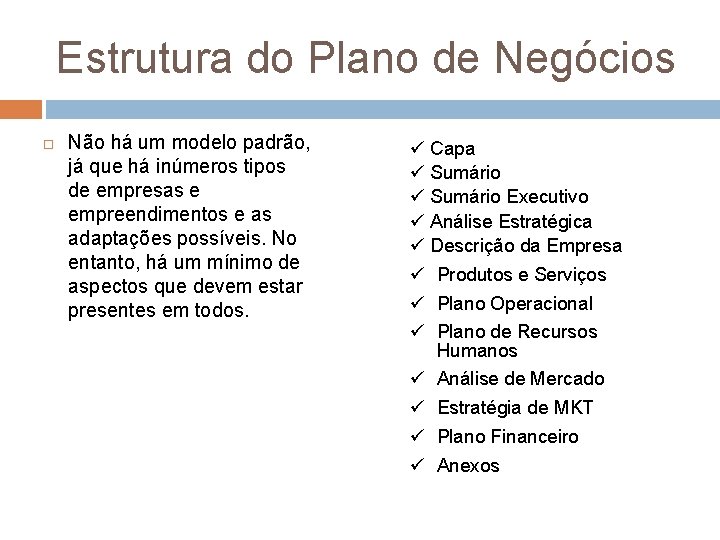 Estrutura do Plano de Negócios Não há um modelo padrão, já que há inúmeros