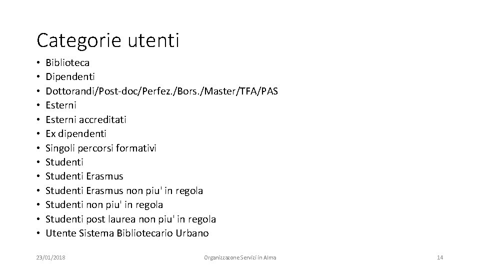 Categorie utenti • • • • Biblioteca Dipendenti Dottorandi/Post-doc/Perfez. /Bors. /Master/TFA/PAS Esterni accreditati Ex