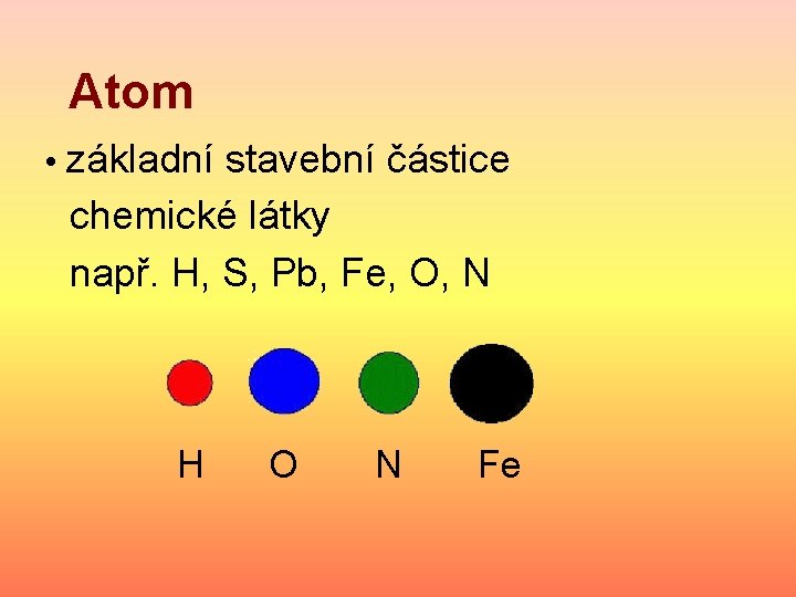 Atom • základní stavební částice chemické látky např. H, S, Pb, Fe, O, N