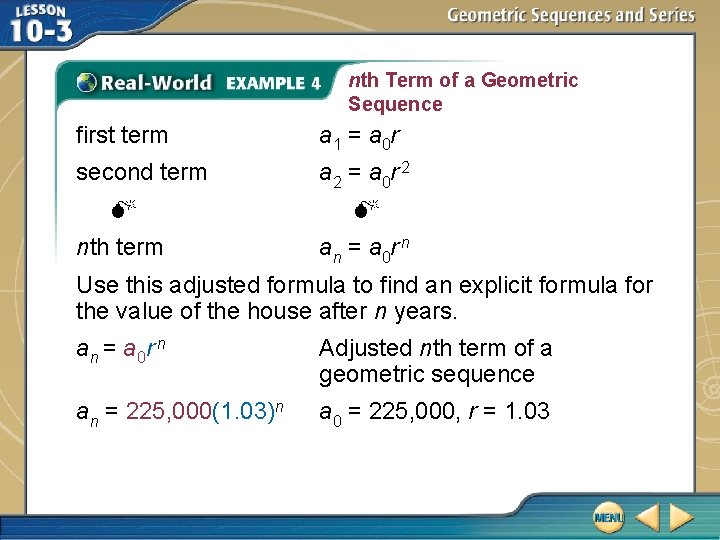 nth Term of a Geometric Sequence first term a 1 = a 0 r