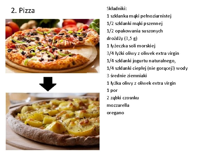 2. Pizza Składniki: 1 szklanka mąki pełnoziarnistej 1/2 szklanki mąki pszennej 1/2 opakowania suszonych
