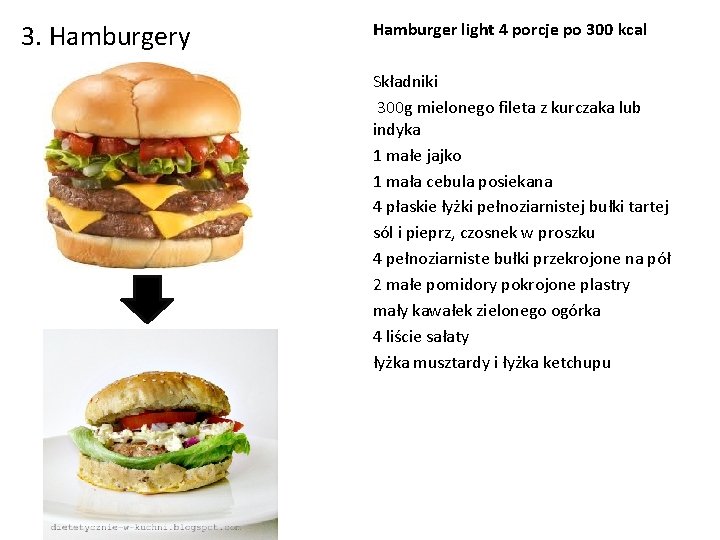 3. Hamburgery Hamburger light 4 porcje po 300 kcal Składniki 300 g mielonego fileta