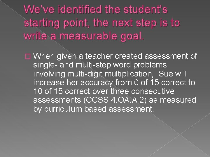 We’ve identified the student’s starting point, the next step is to write a measurable