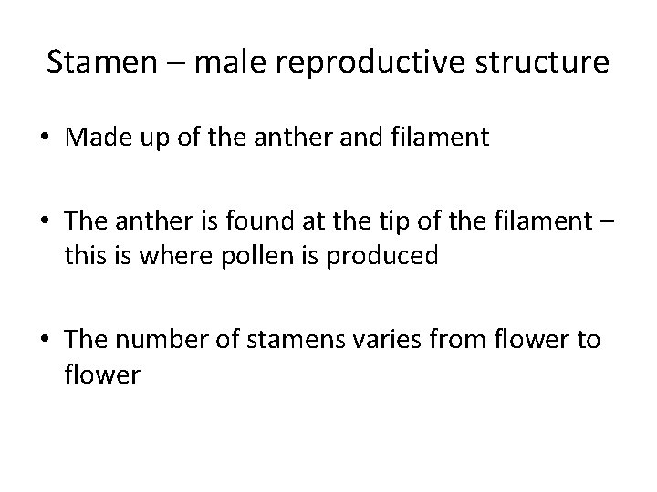 Stamen – male reproductive structure • Made up of the anther and filament •