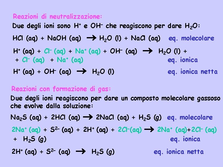 Reazioni di neutralizzazione: Due degli ioni sono H+ e OH che reagiscono per dare