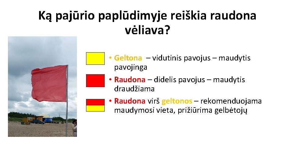 Ką pajūrio paplūdimyje reiškia raudona vėliava? • Geltona – vidutinis pavojus – maudytis pavojinga