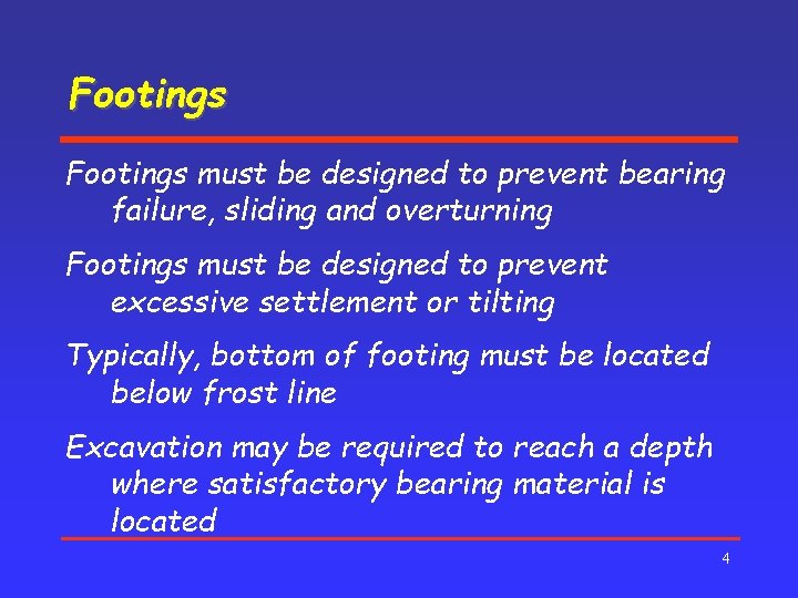 Footings must be designed to prevent bearing failure, sliding and overturning Footings must be