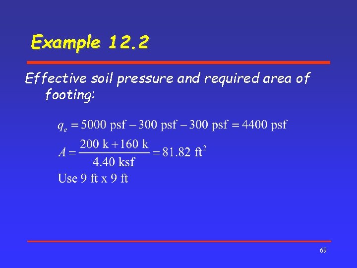 Example 12. 2 Effective soil pressure and required area of footing: 69 