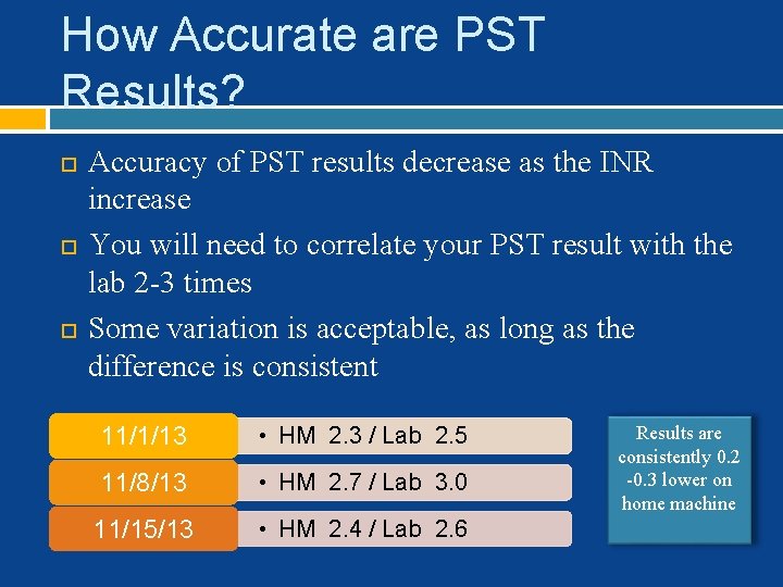 How Accurate are PST Results? Accuracy of PST results decrease as the INR increase