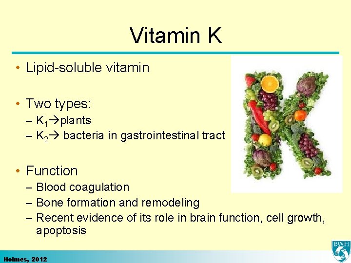 Vitamin K • Lipid-soluble vitamin • Two types: – K 1 plants – K