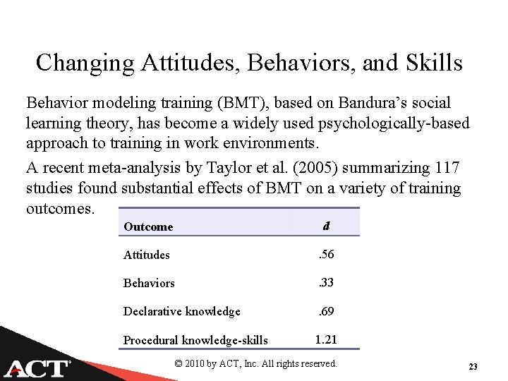 Changing Attitudes, Behaviors, and Skills Behavior modeling training (BMT), based on Bandura’s social learning